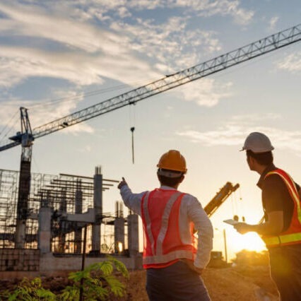 An aesthetic picture of two construction buddies looking at the site they have just created