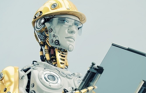 A futuristic robot is working on a construction site instead of a human being. AI is taking the jobs of human.